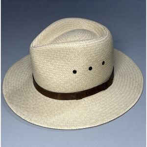 Vintage LL Bean Panama Straw Hat Hand Woven Equador Fedora 7 - 71/8 Leather Band